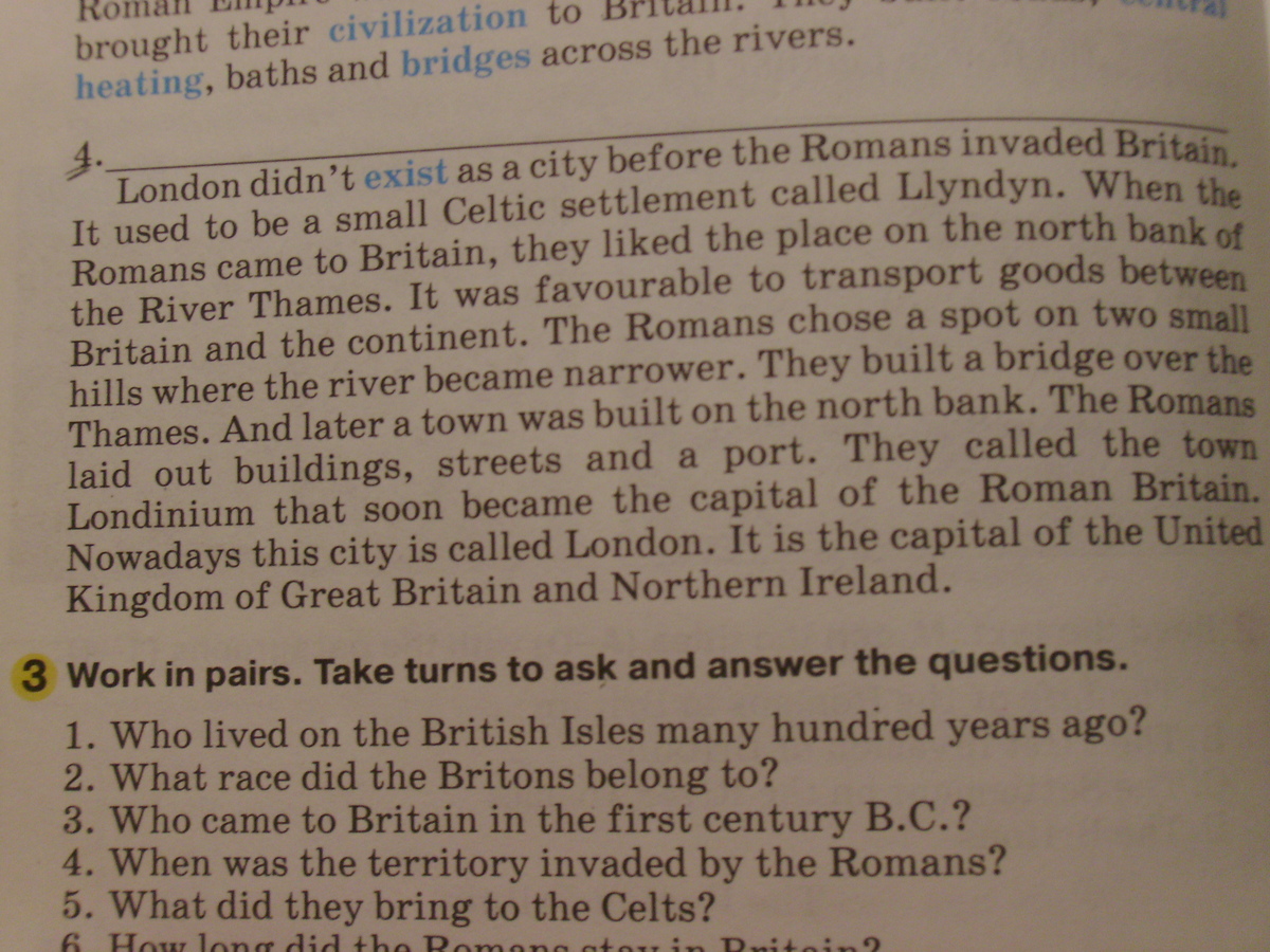 Answer the text in pairs. When the Romans first came to Britain in 55 BC there was no good ответы. Part 2 the coming of the Romans учебник английского.